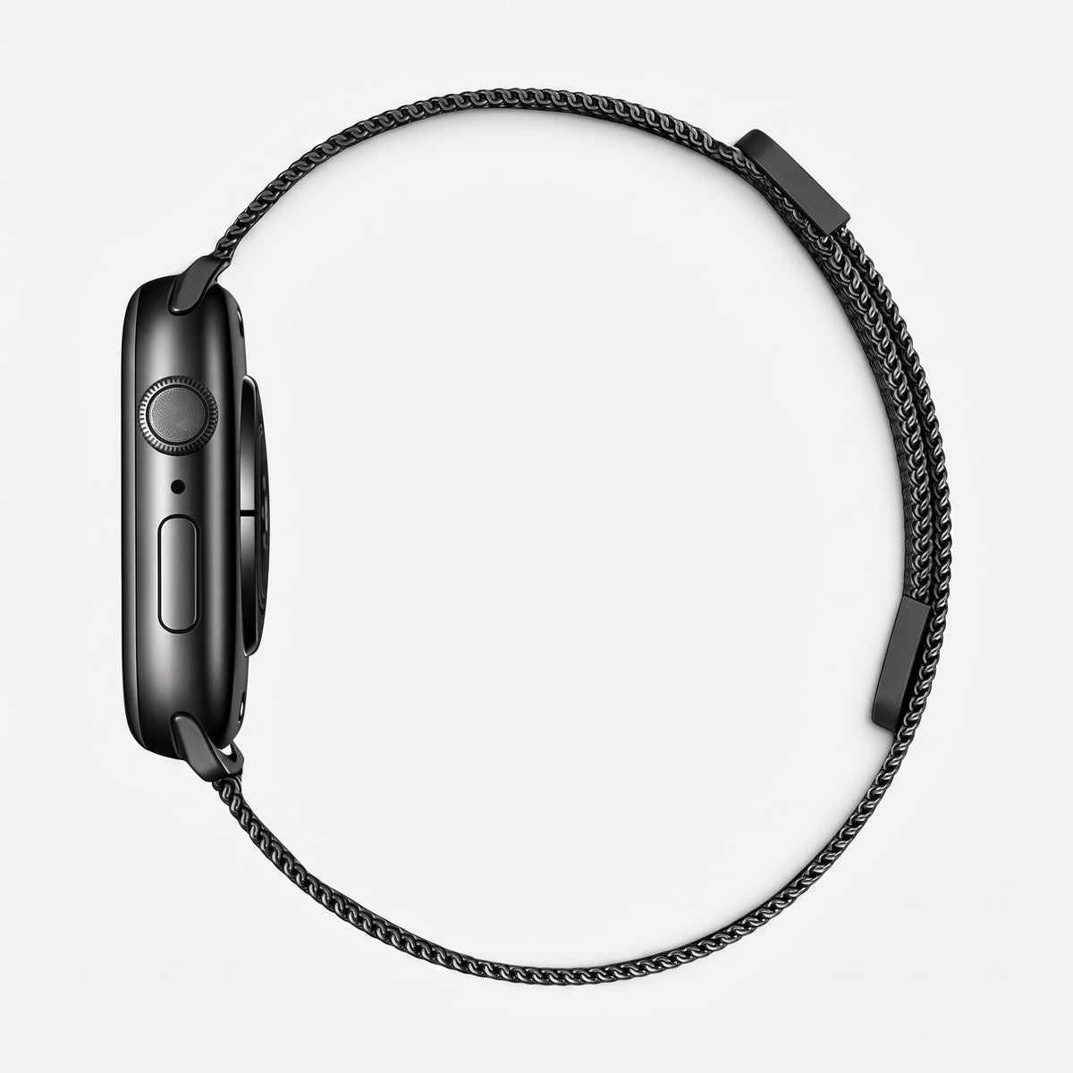 Clipz It Chevalier matte black stainless steel Milanese loop watch band for Apple Watch, side profile view.