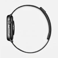 Clipz It Chevalier matte black stainless steel Milanese loop watch band for Apple Watch, side profile view.