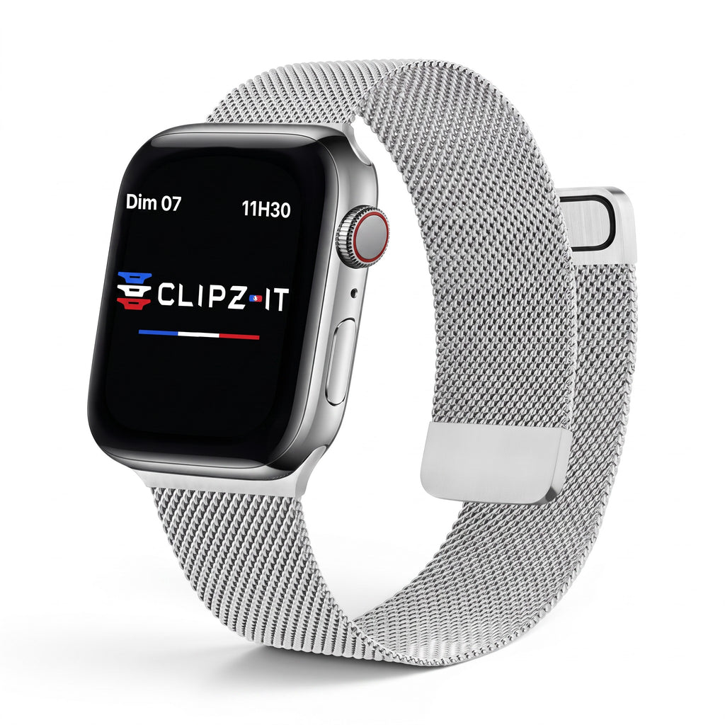 Clipz It Chevalier silver stainless steel Milanese loop watch band for Apple Watch with magnetic clasp