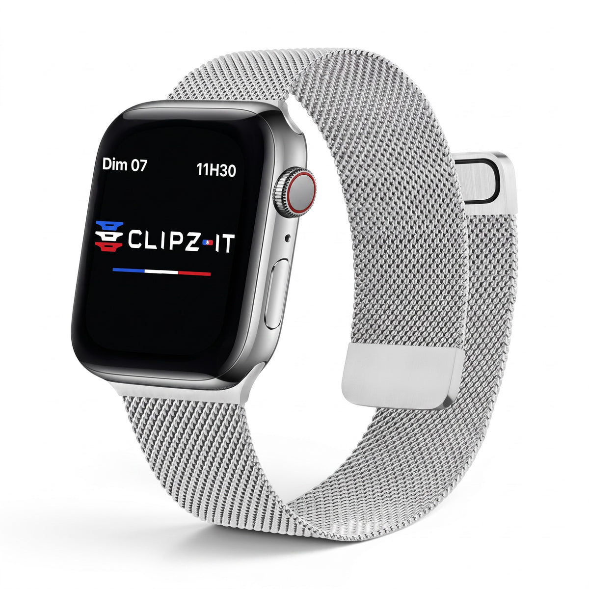 Clipz It Chevalier silver stainless steel Milanese loop watch band for Apple Watch with magnetic clasp
