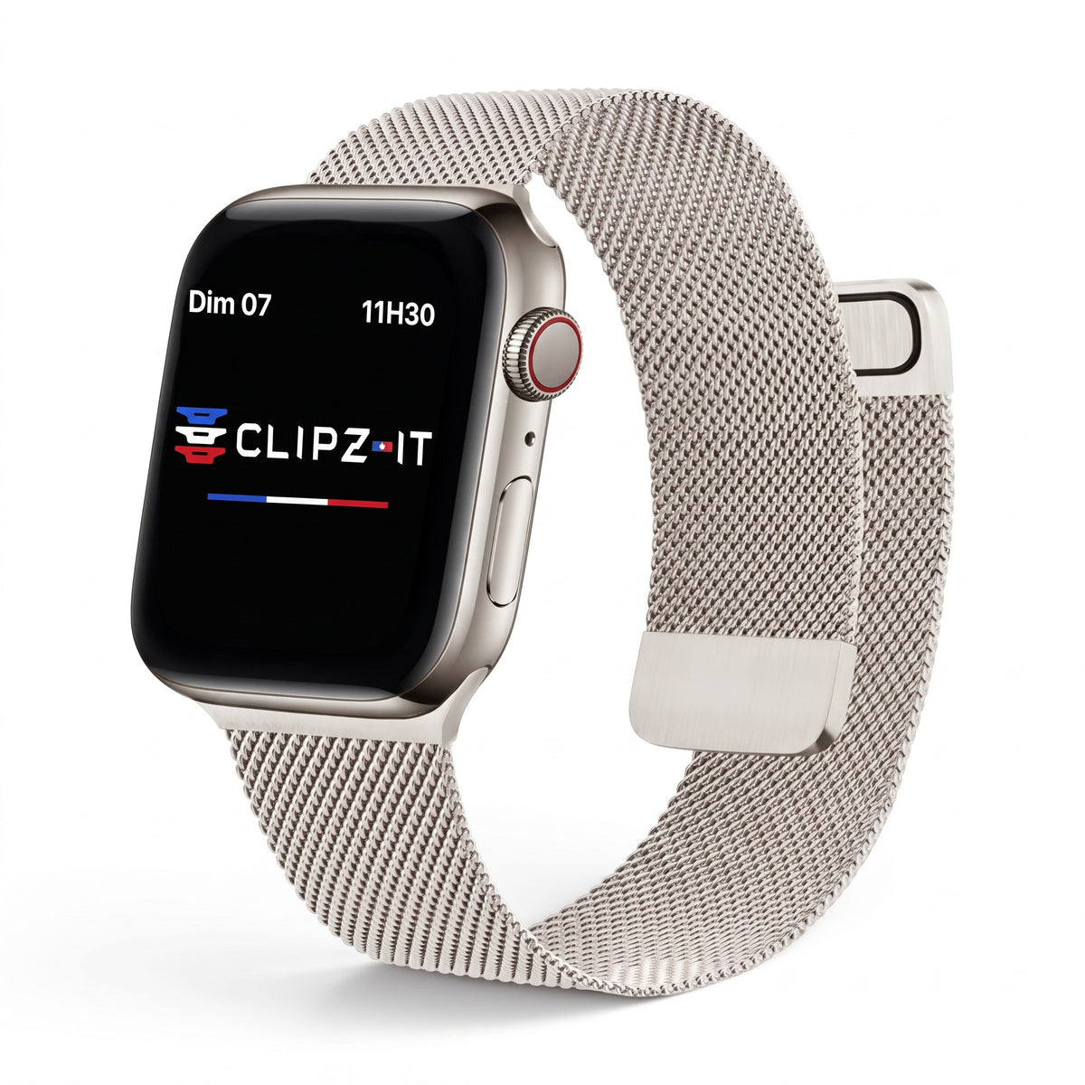 Clipz It Chevalier stainless steel Milanese loop watch band in silver on an Apple Watch
