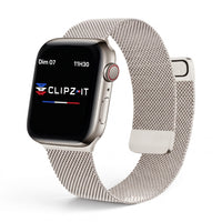 Clipz It Chevalier stainless steel Milanese loop watch band in silver on an Apple Watch