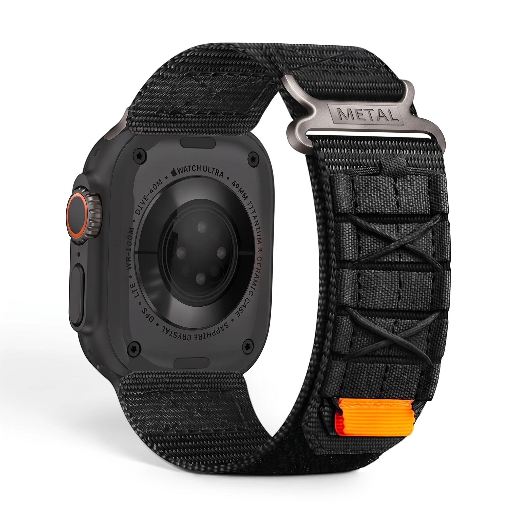 Clipz It Expedition black nylon adventure watch band with velcro strap and metal hardware for Apple Watch Ultra