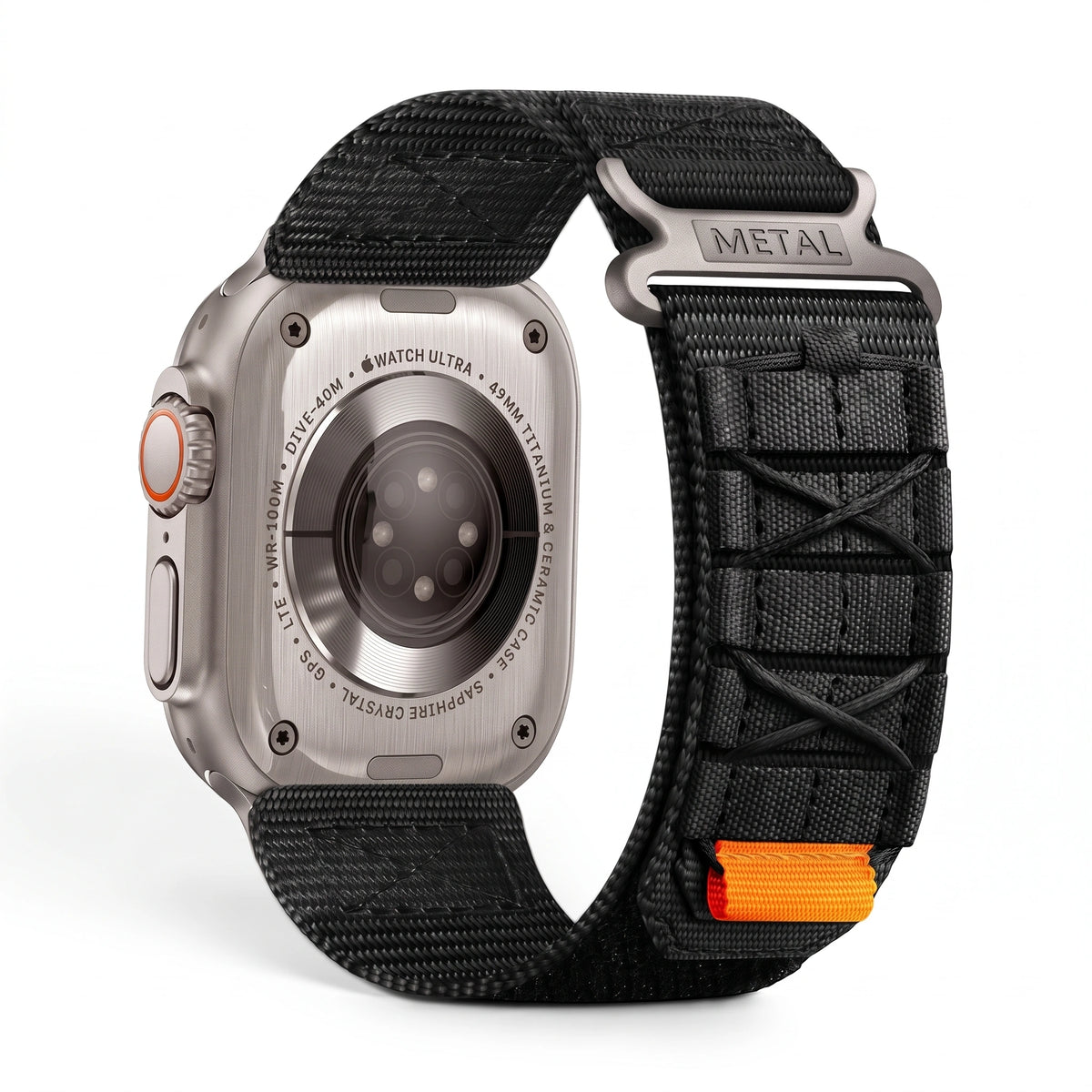 Clipz It Expedition black nylon adventure watch band with velcro closure attached to an Apple Watch Ultra