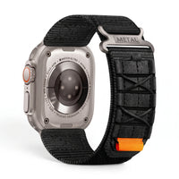 Clipz It Expedition black nylon adventure watch band with velcro closure attached to an Apple Watch Ultra