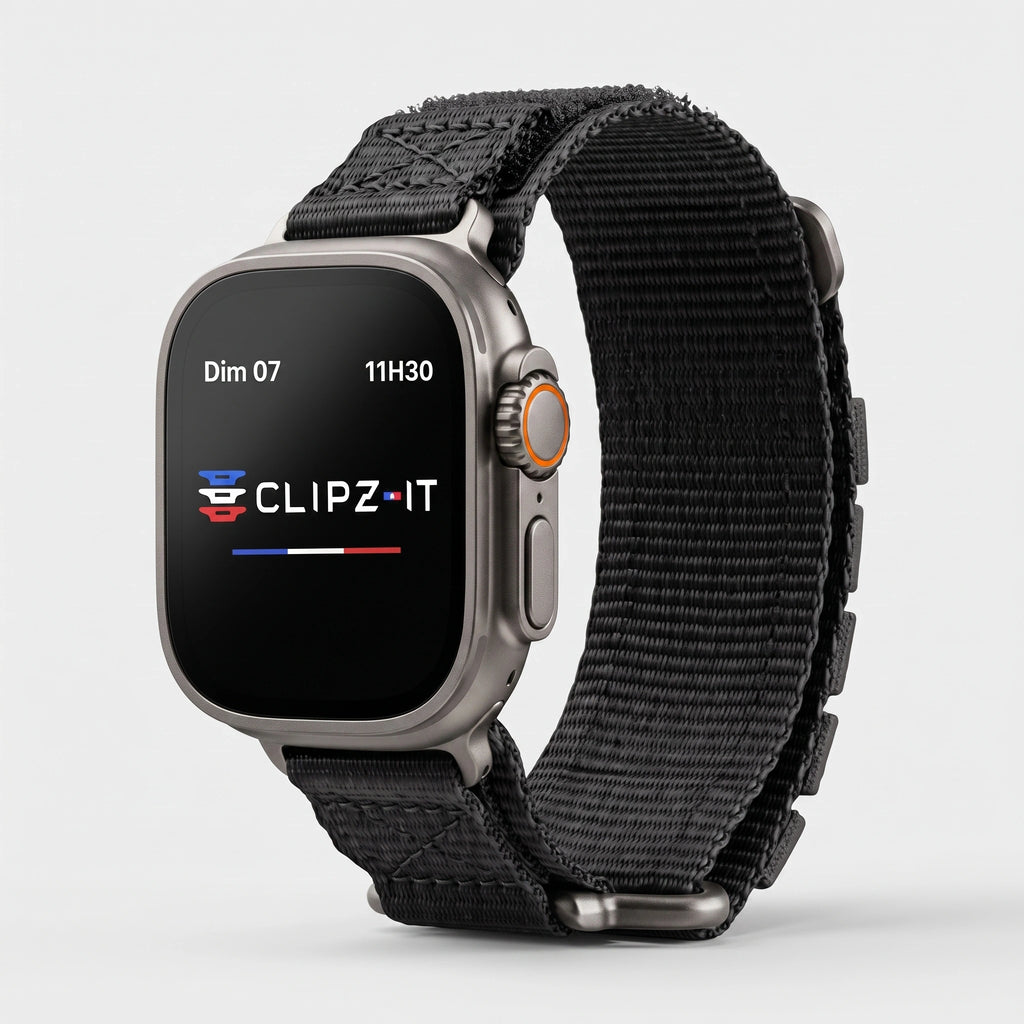 Clipz It Expedition black nylon adventure watch strap with reinforced velcro closure on an Apple Watch