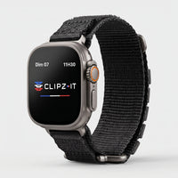Clipz It Expedition black nylon adventure watch strap with reinforced velcro closure on an Apple Watch