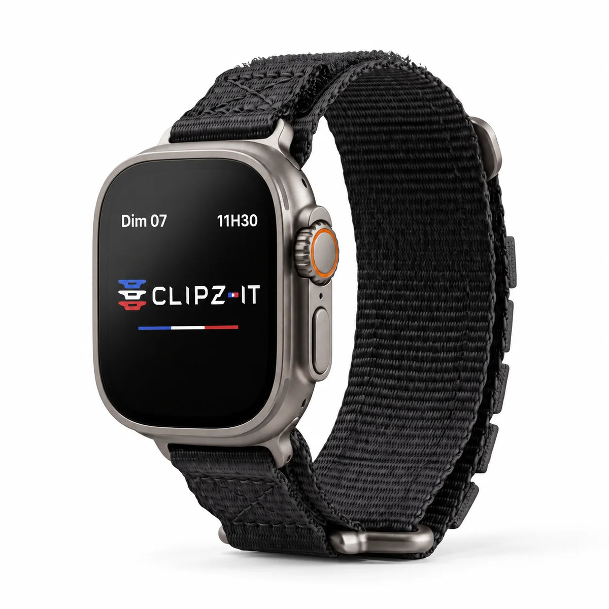 Clipz It Expedition black nylon adventure watch strap with reinforced velcro closure on an Apple Watch