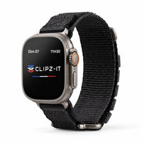 Clipz It Expedition black nylon adventure watch strap with reinforced velcro closure on an Apple Watch