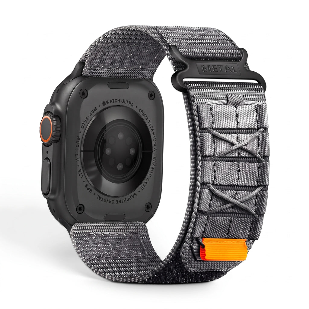 Clipz It Expedition grey nylon adventure watch strap with velcro closure and orange accent on an Apple Watch Ultra