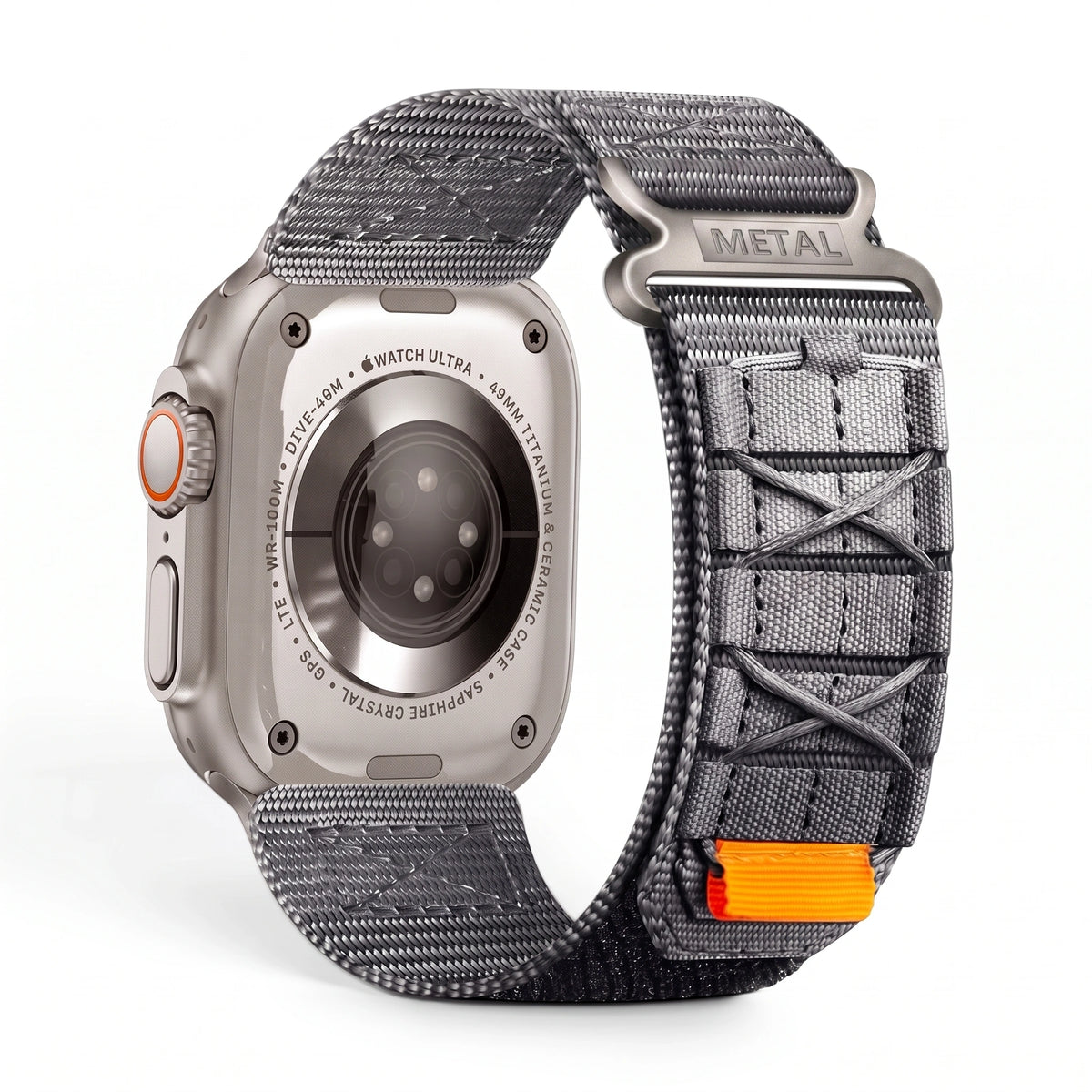 Clipz It Expedition grey nylon adventure watch strap with velcro closure attached to an Apple Watch Ultra back view