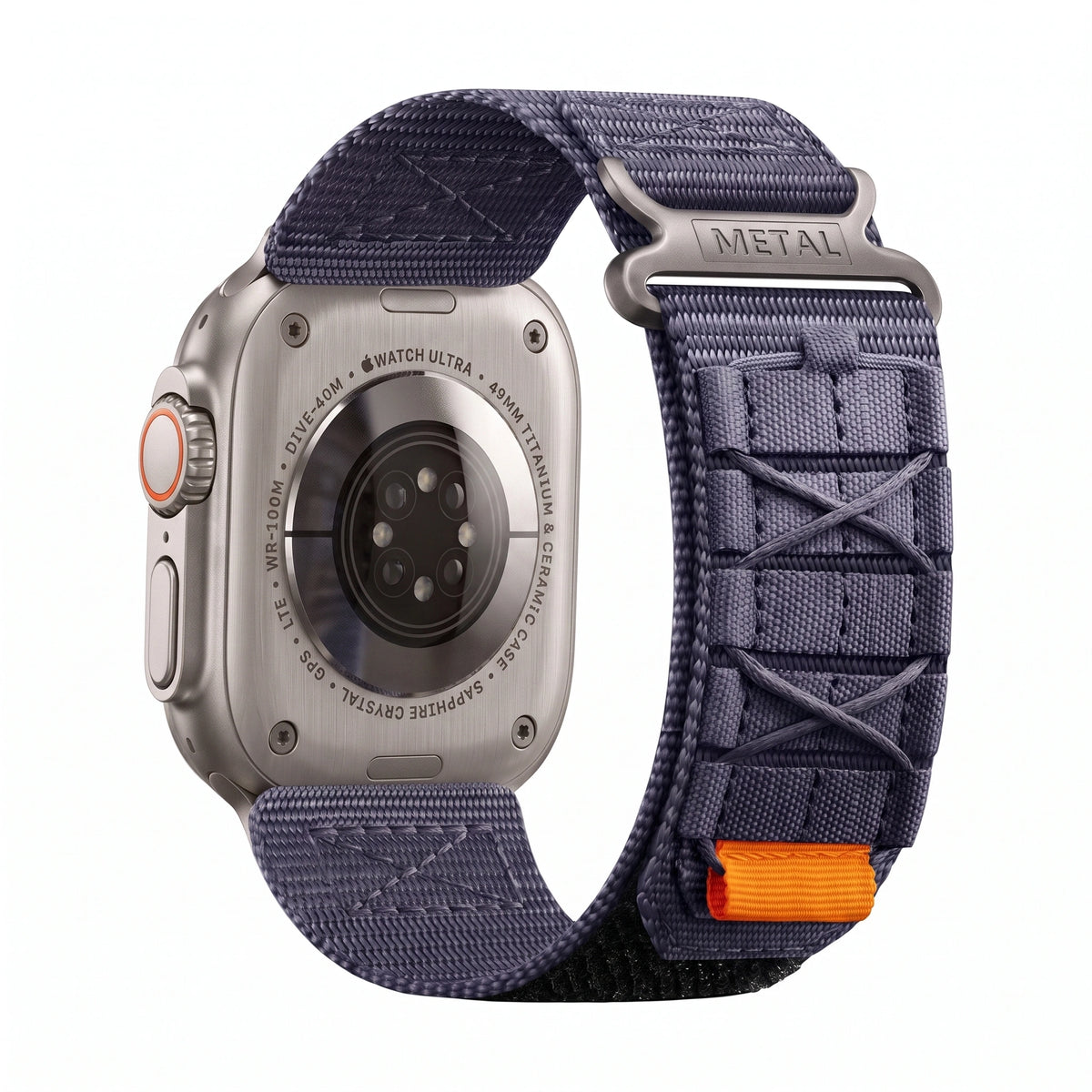 Clipz It Expedition navy blue nylon watch strap with velcro closure attached to an Apple Watch Ultra titanium case
