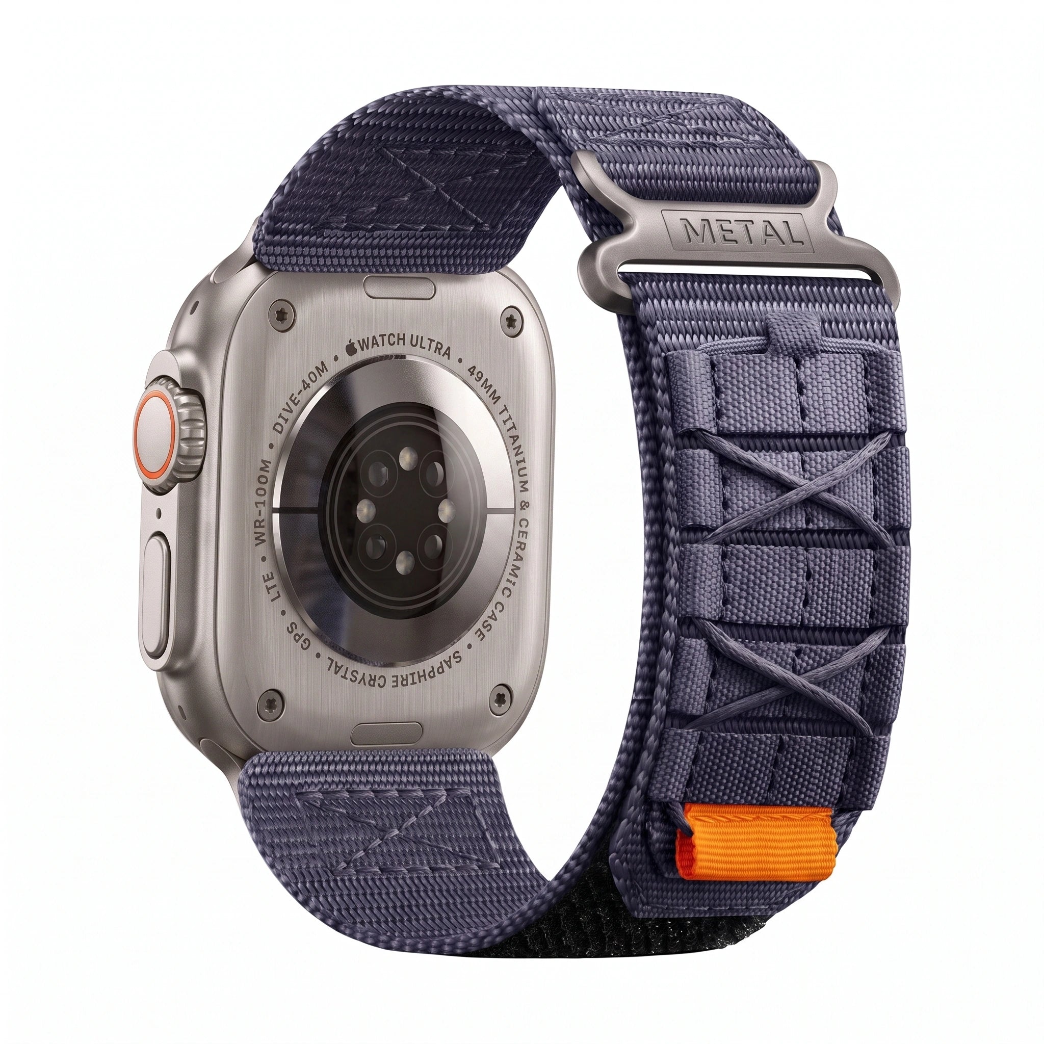 Clipz It Expedition navy blue nylon watch strap with velcro closure attached to an Apple Watch Ultra titanium case