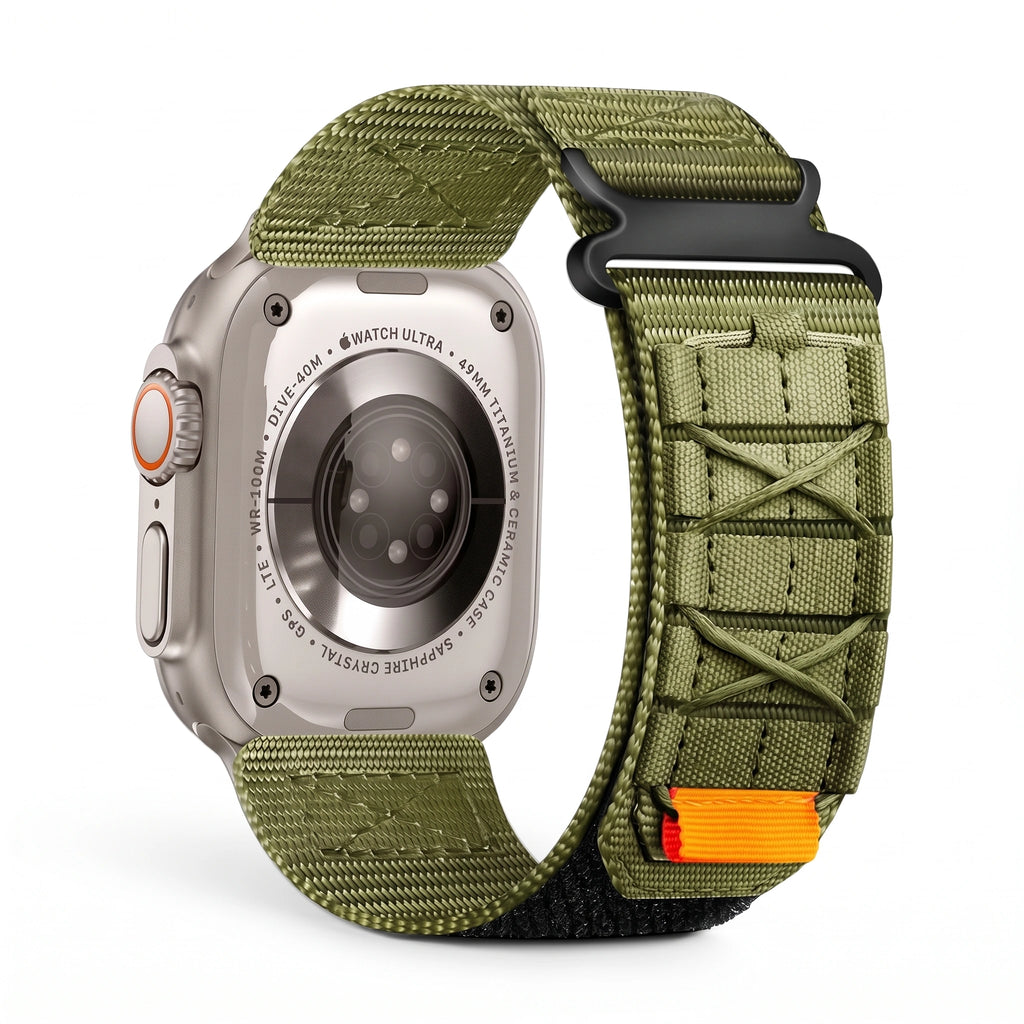 Clipz It Expedition olive green nylon adventure watch strap with velcro closure attached to an Apple Watch Ultra