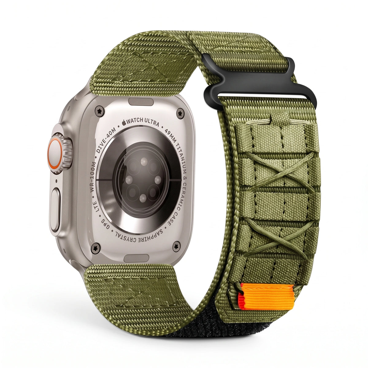 Clipz It Expedition olive green nylon adventure watch strap with velcro closure attached to an Apple Watch Ultra