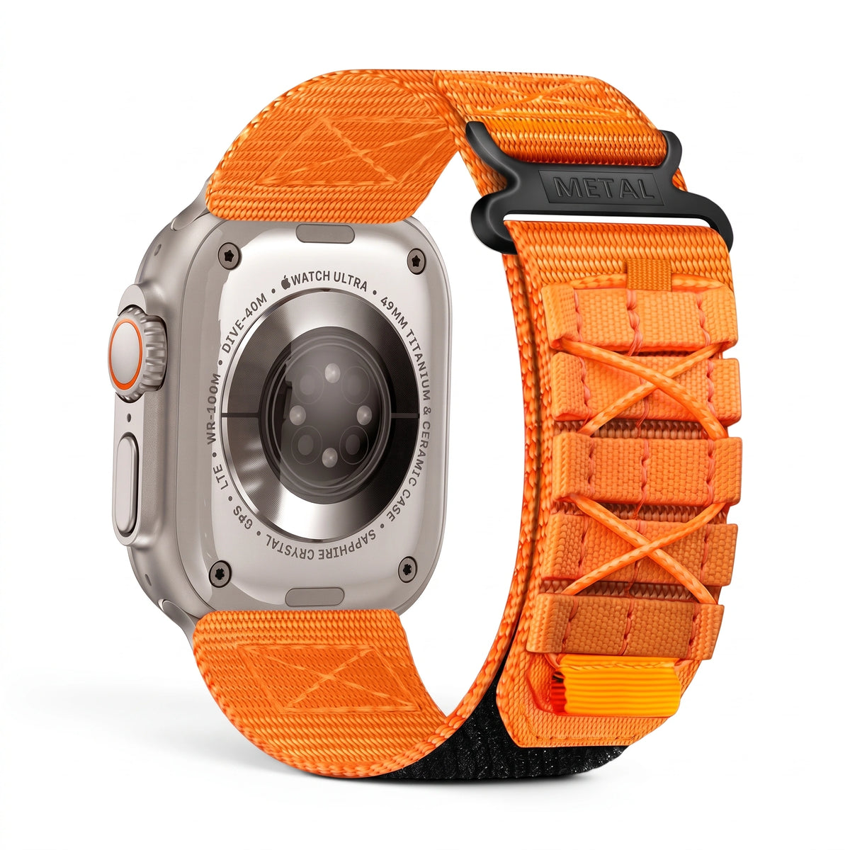 Clipz It Expedition orange nylon adventure watch strap with velcro closure attached to an Apple Watch Ultra