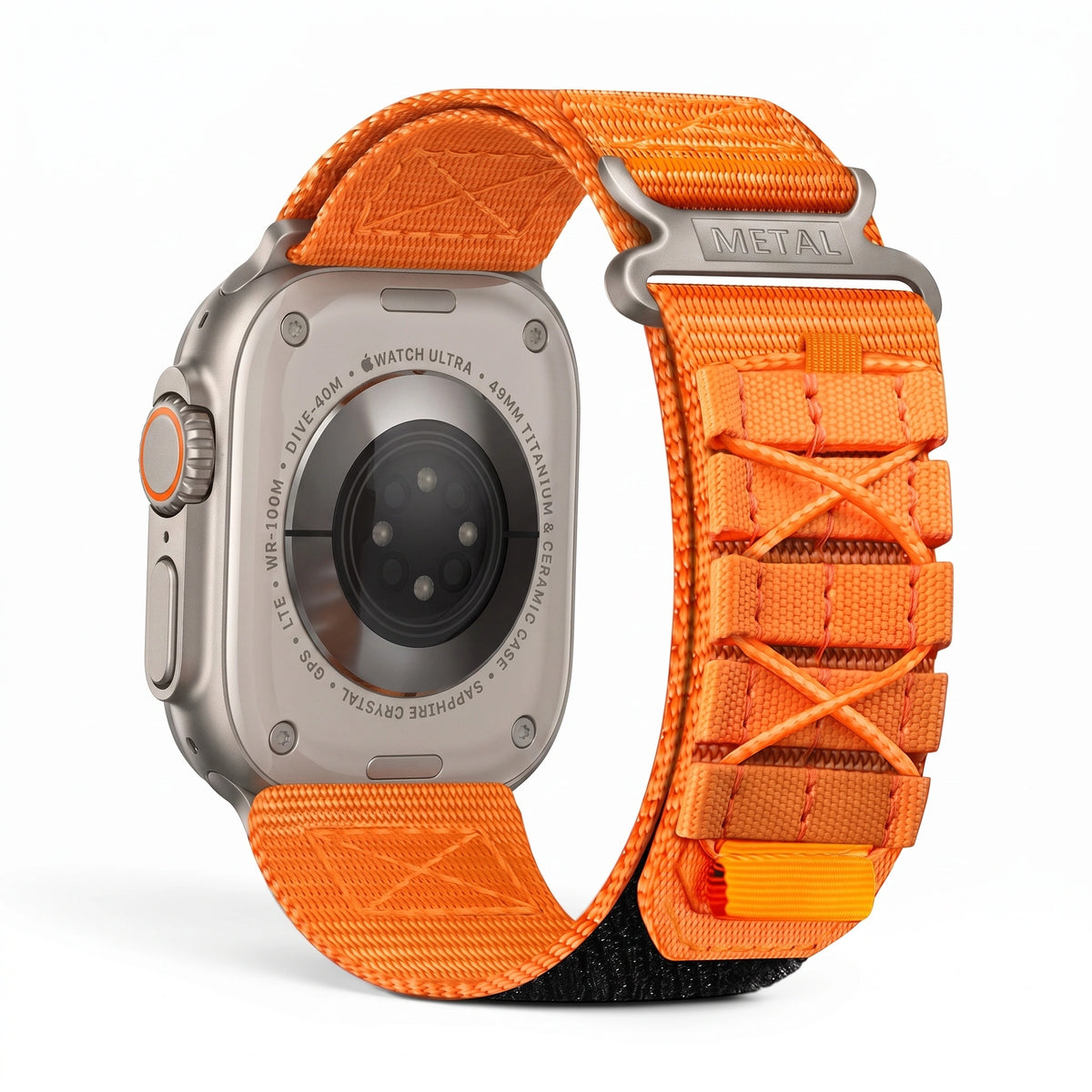 Clipz It Expedition orange nylon adventure watch strap with velcro closure attached to a black Apple Watch Ultra