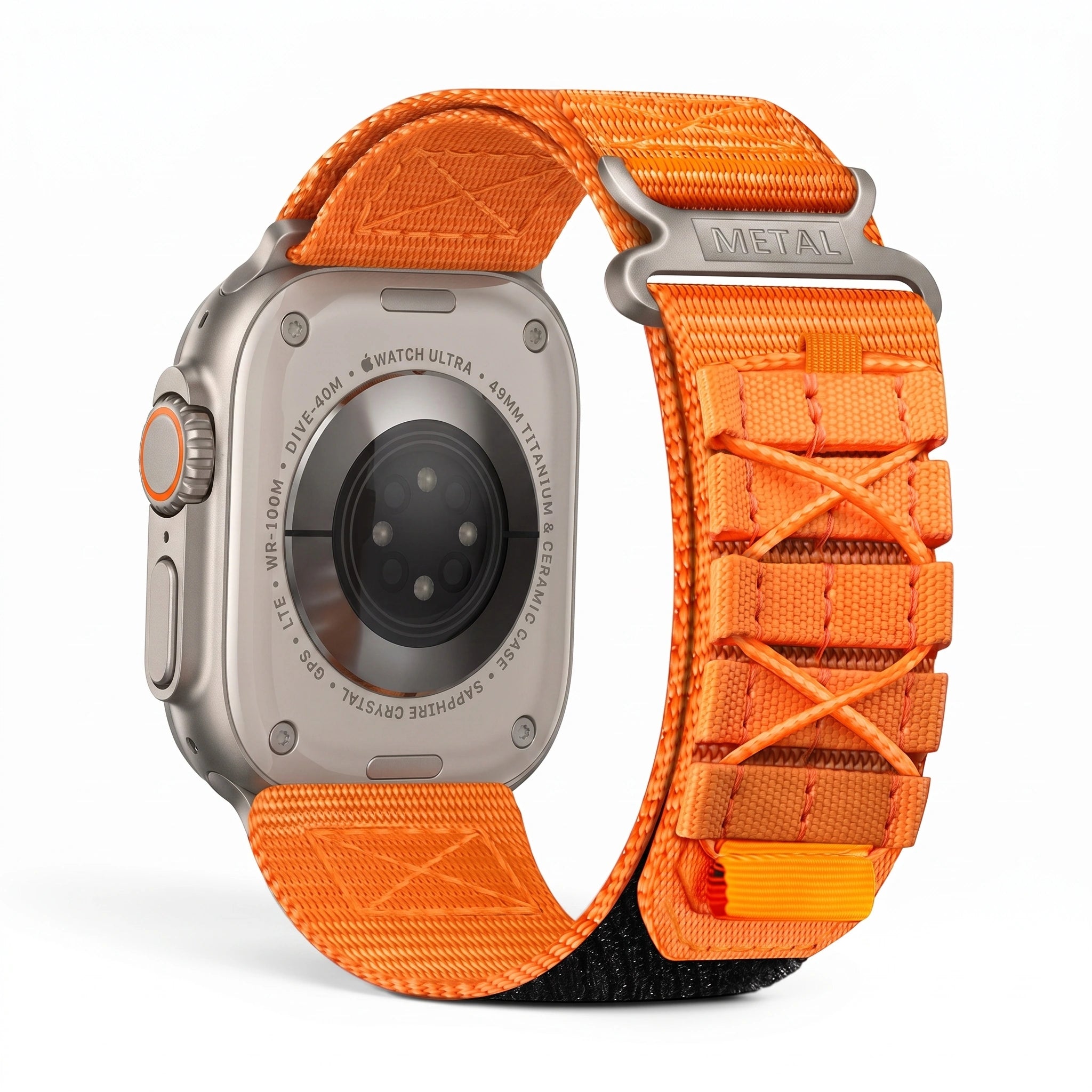 Clipz It Expedition orange nylon adventure watch strap with velcro closure attached to a black Apple Watch Ultra