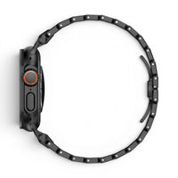 Clipz It Fortress Apple Watch bracelet in black stainless steel and titanium with a butterfly clasp side view