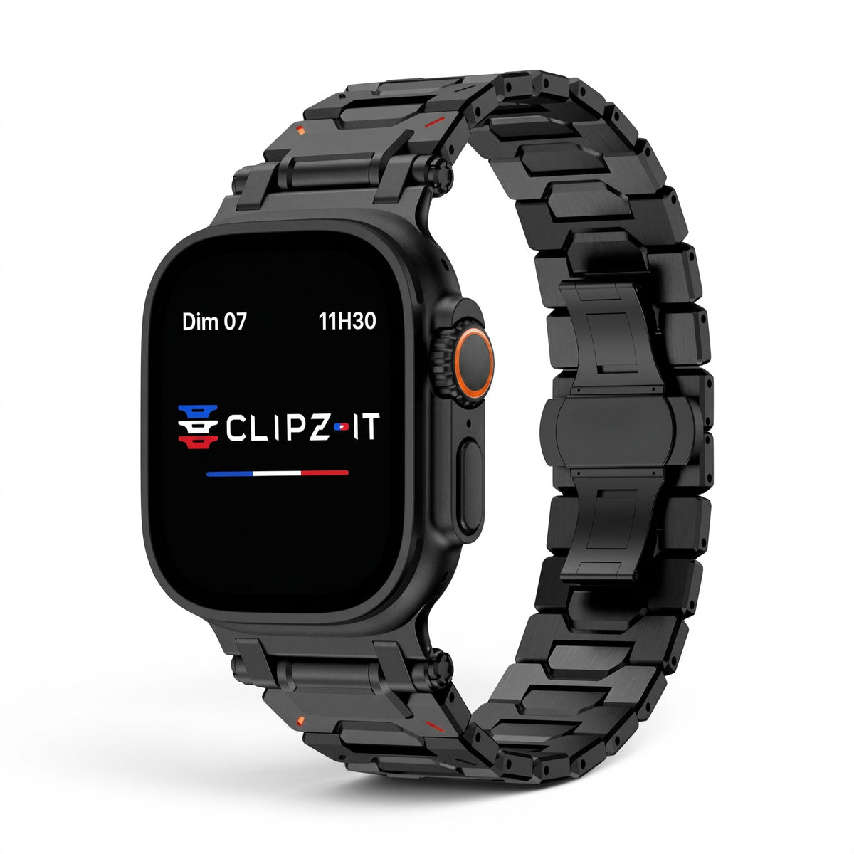 Clipz It Fortress black stainless steel and titanium link bracelet for Apple Watch with butterfly clasp