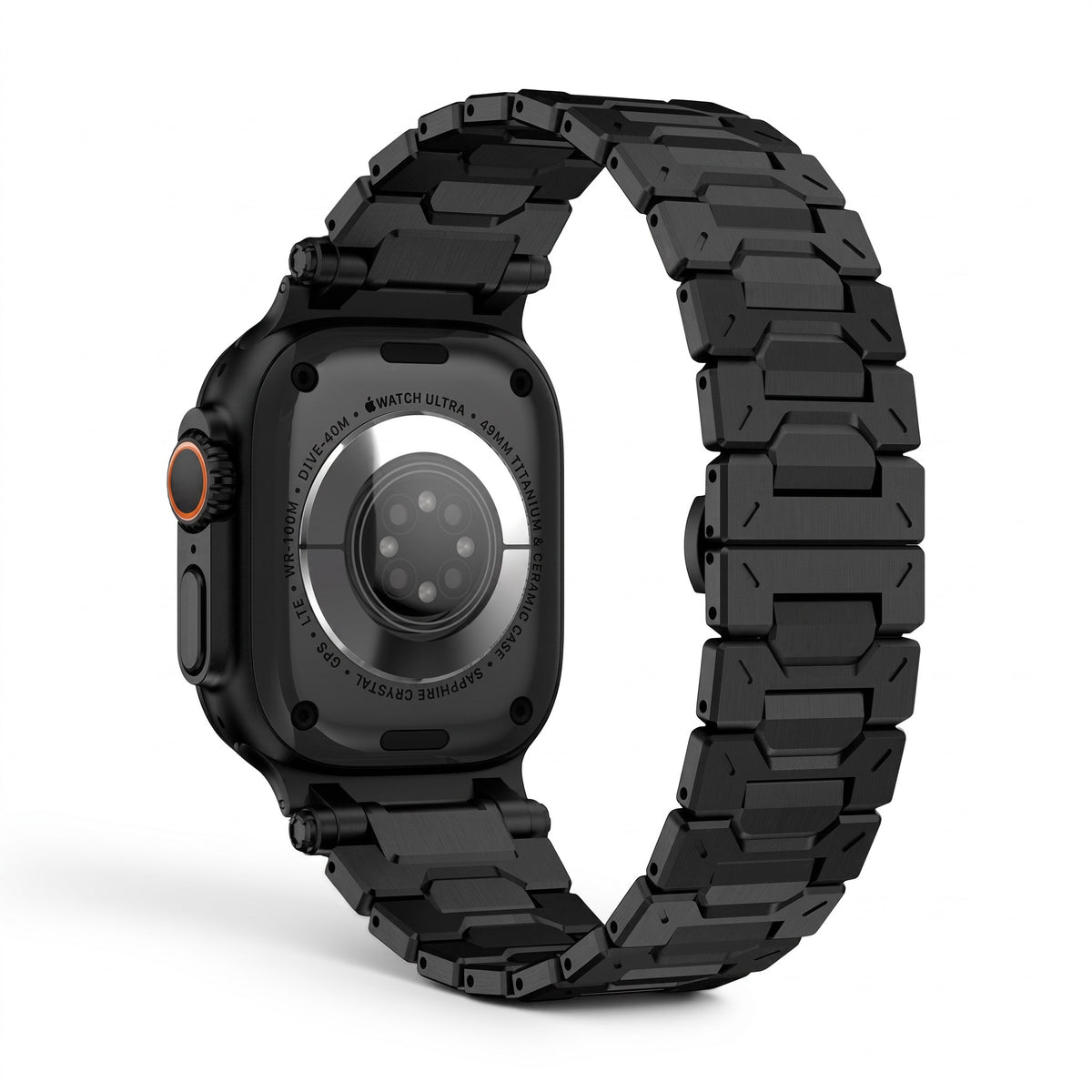 Clipz It Fortress black stainless steel and titanium link bracelet for Apple Watch Ultra with butterfly clasp