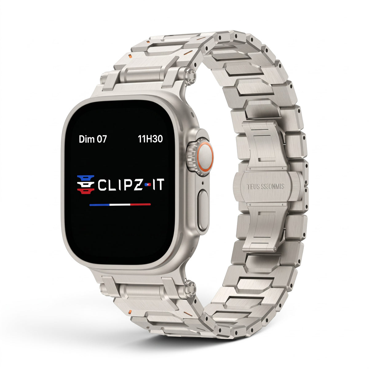 Clipz It Fortress stainless steel and titanium link bracelet for Apple Watch with butterfly clasp
