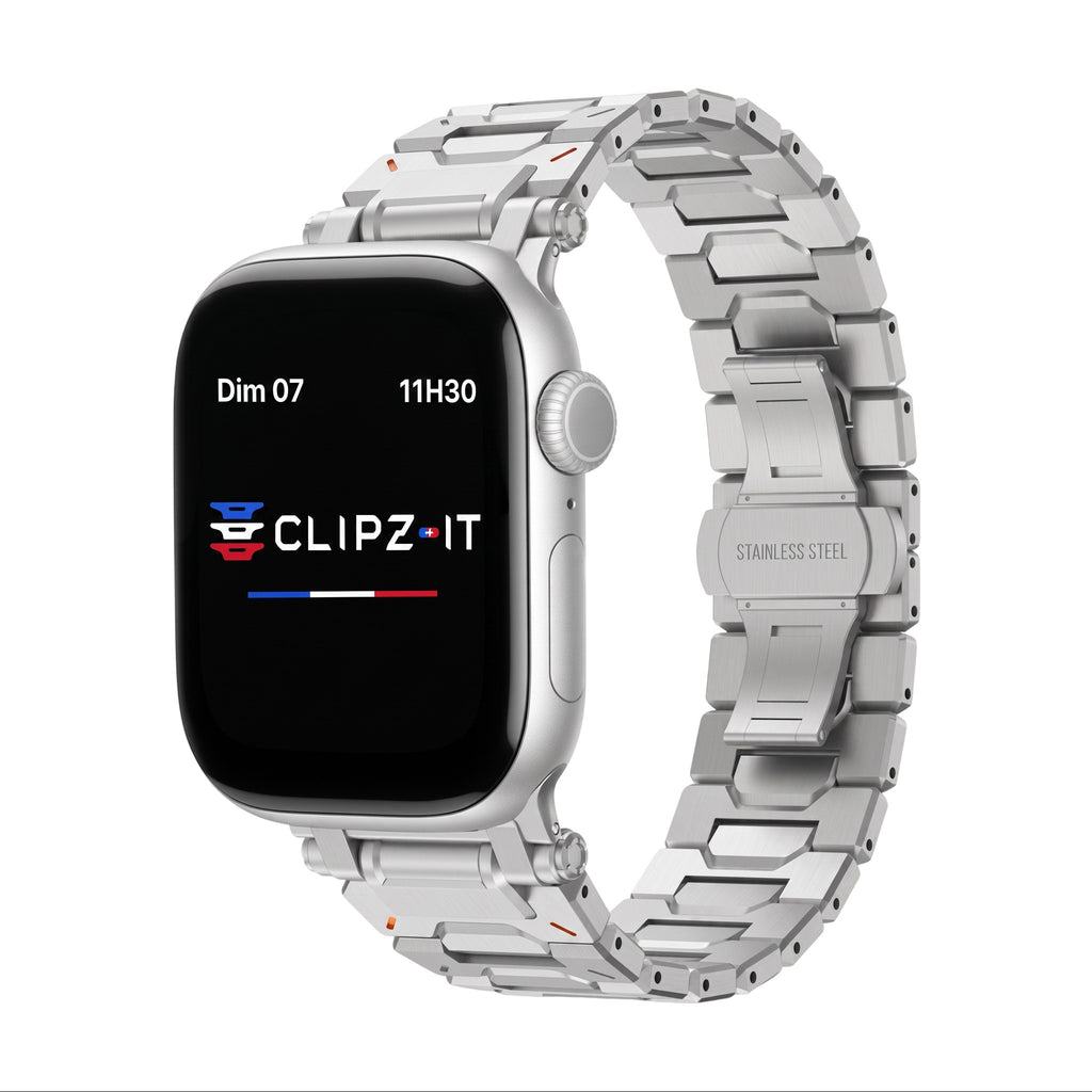 Clipz It Fortress Apple Watch bracelet in brushed stainless steel and titanium with a butterfly clasp.