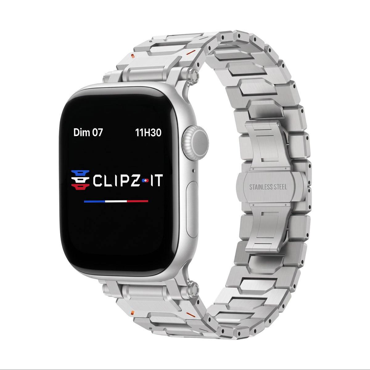 Clipz It Fortress Apple Watch bracelet in brushed stainless steel and titanium with a butterfly clasp.