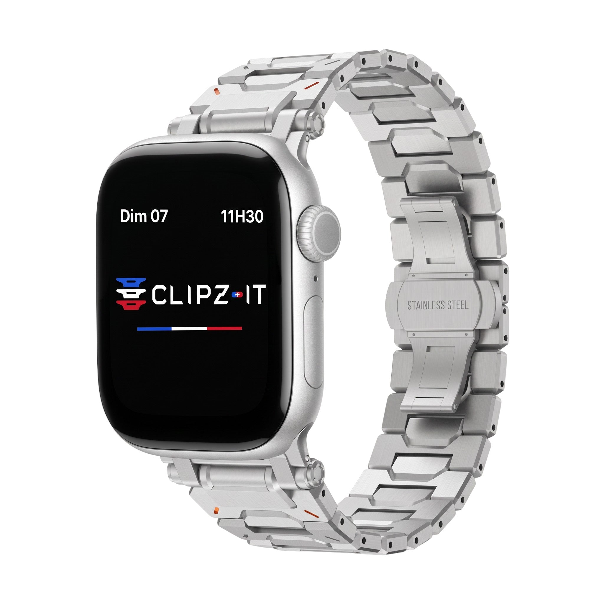 Clipz It Fortress Apple Watch bracelet in brushed stainless steel and titanium with a butterfly clasp.