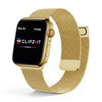 Clipz It gold stainless steel Milanese loop watch band on an Apple Watch with a magnetic clasp