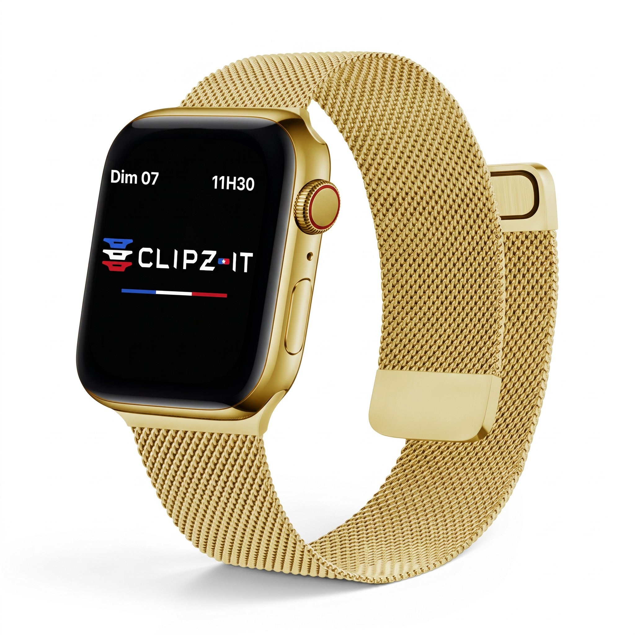 Clipz It gold stainless steel Milanese loop watch band on an Apple Watch with a magnetic clasp