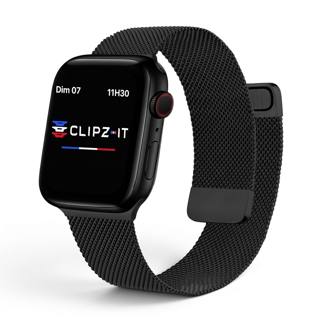Clipz It matte black stainless steel Milanese loop watch band on an Apple Watch with a magnetic clasp