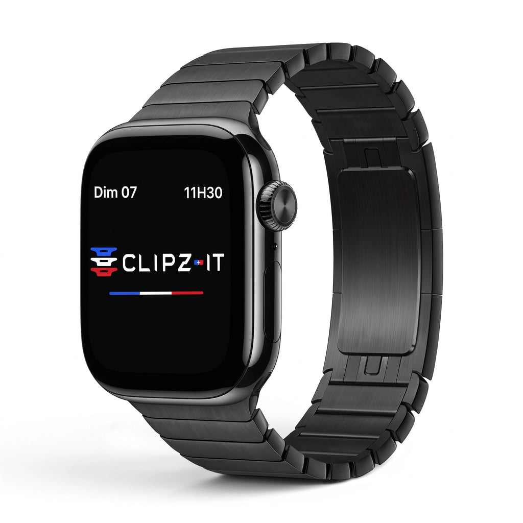 Clipz It Modula black stainless steel link bracelet for Apple Watch with a slim butterfly clasp and modular design.