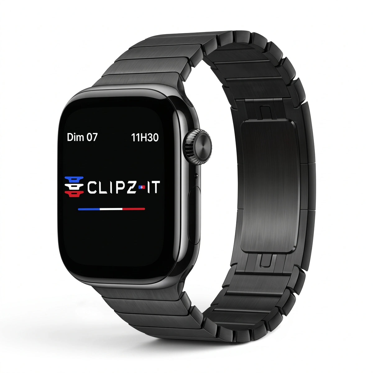Clipz It Modula black stainless steel link bracelet for Apple Watch with a slim butterfly clasp and modular design.