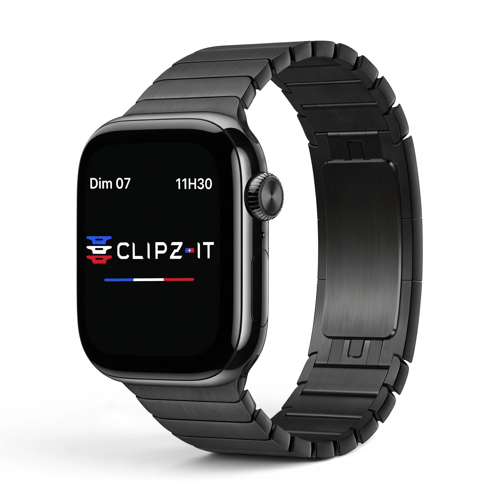 Clipz It Modula black stainless steel link bracelet for Apple Watch with a slim butterfly clasp and modular design.