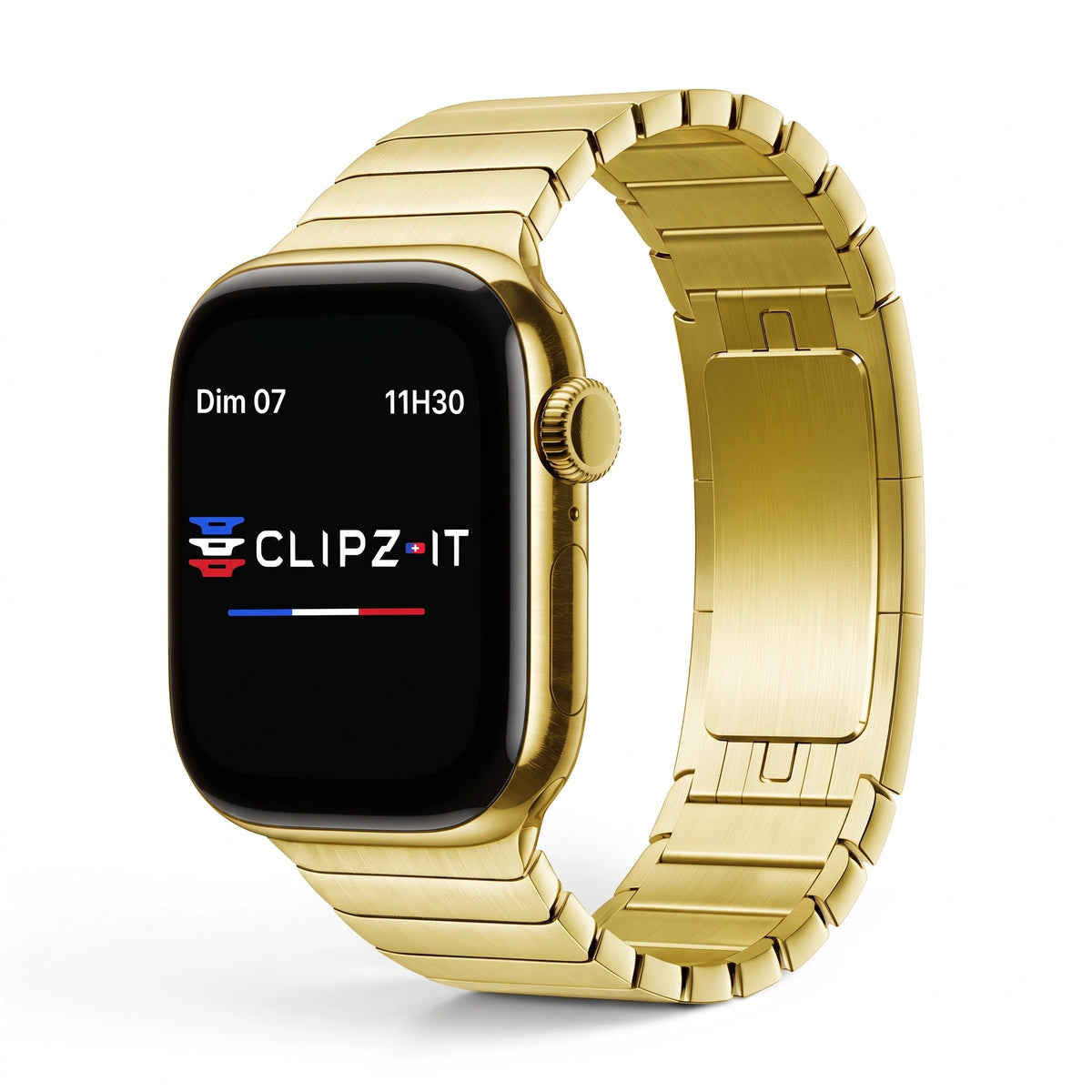 Clipz It Modula gold stainless steel link bracelet for Apple Watch with a slim butterfly clasp and modular design.