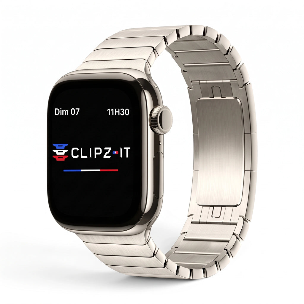 Clipz It Modula stainless steel link bracelet for Apple Watch with brushed finish and slim butterfly clasp