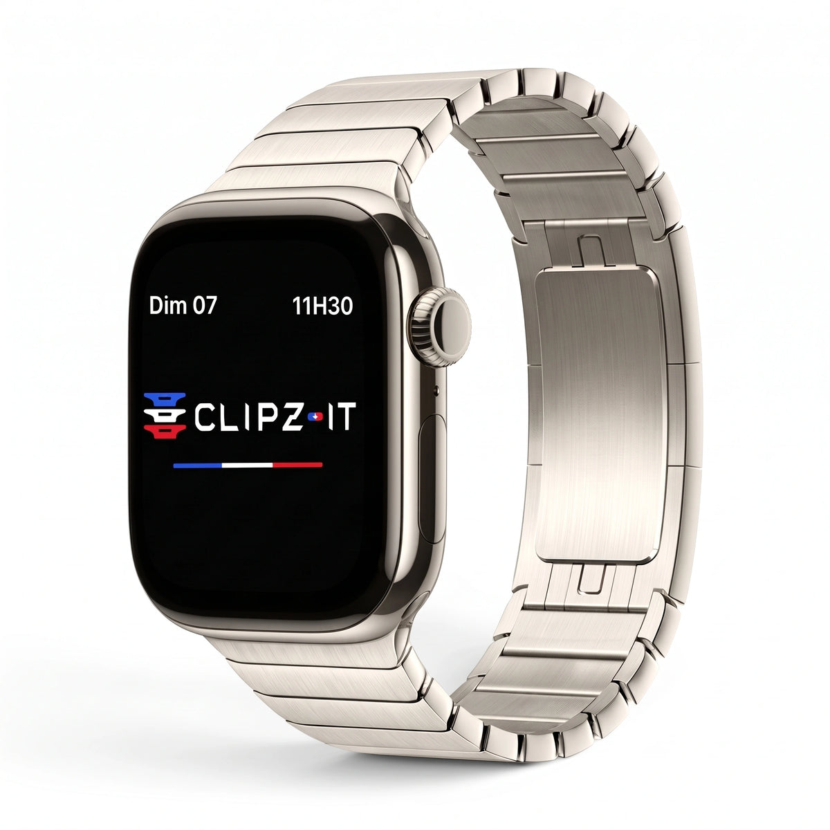 Clipz It Modula stainless steel link bracelet for Apple Watch with brushed finish and slim butterfly clasp