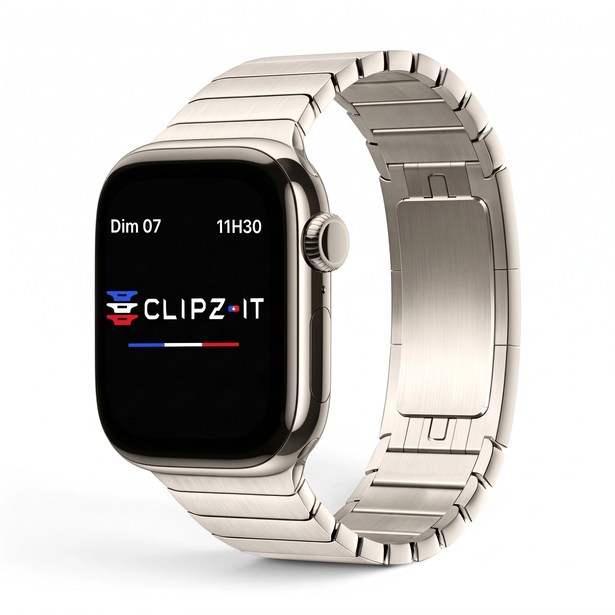 Clipz It Modula stainless steel link bracelet for Apple Watch with brushed finish and slim butterfly clasp
