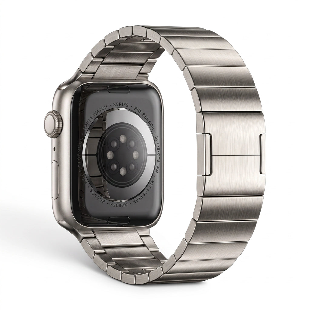 Clipz It Modula stainless steel link bracelet for Apple Watch showing the back sensor and brushed metal finish