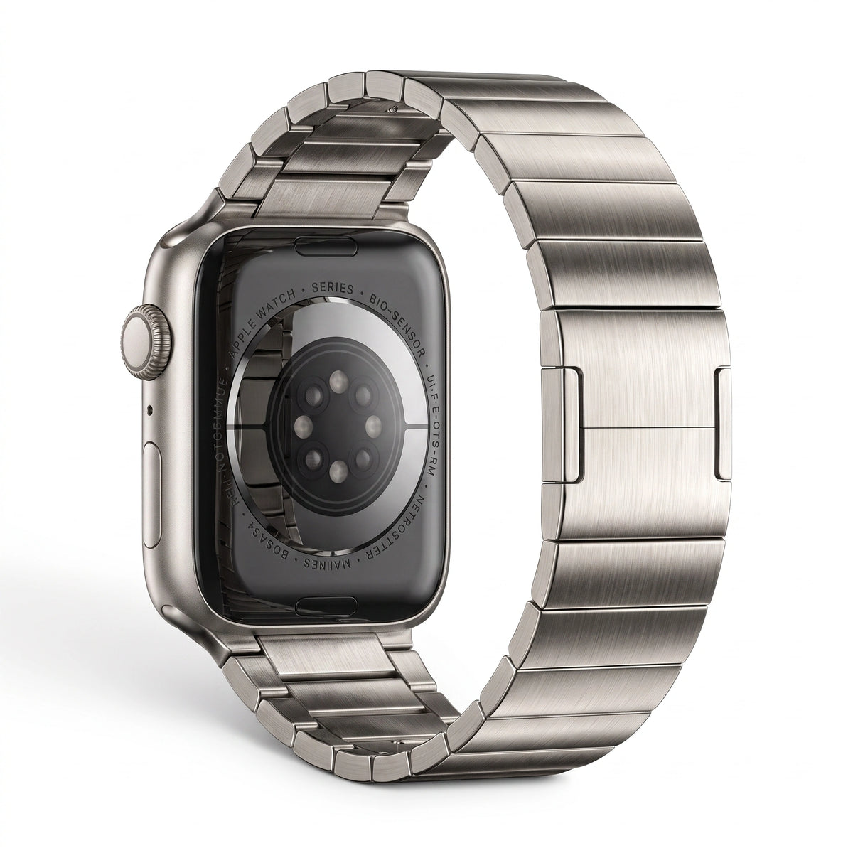 Clipz It Modula stainless steel link bracelet for Apple Watch showing the back sensor and brushed metal finish