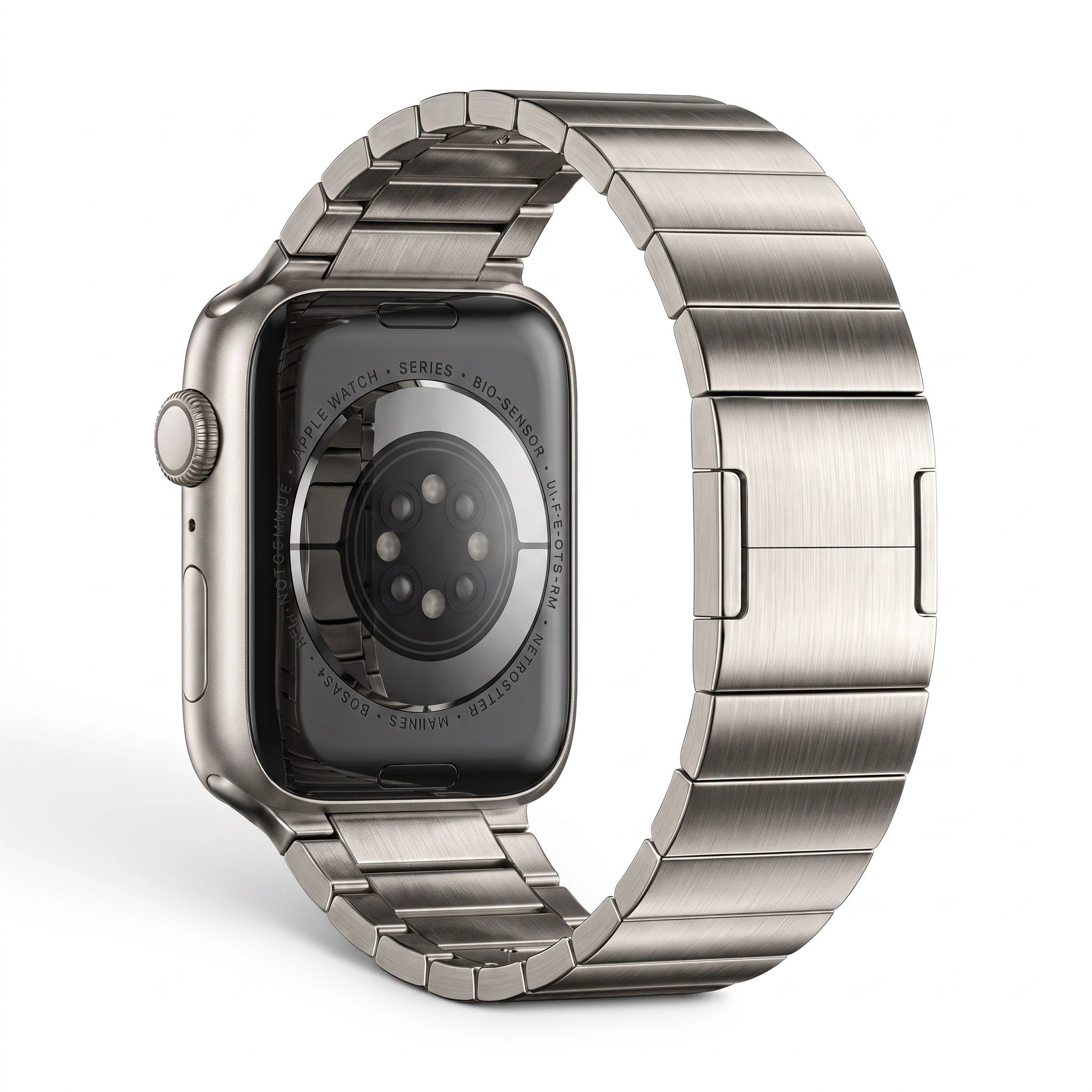 Clipz It Modula stainless steel link bracelet for Apple Watch showing the back sensor and brushed metal finish