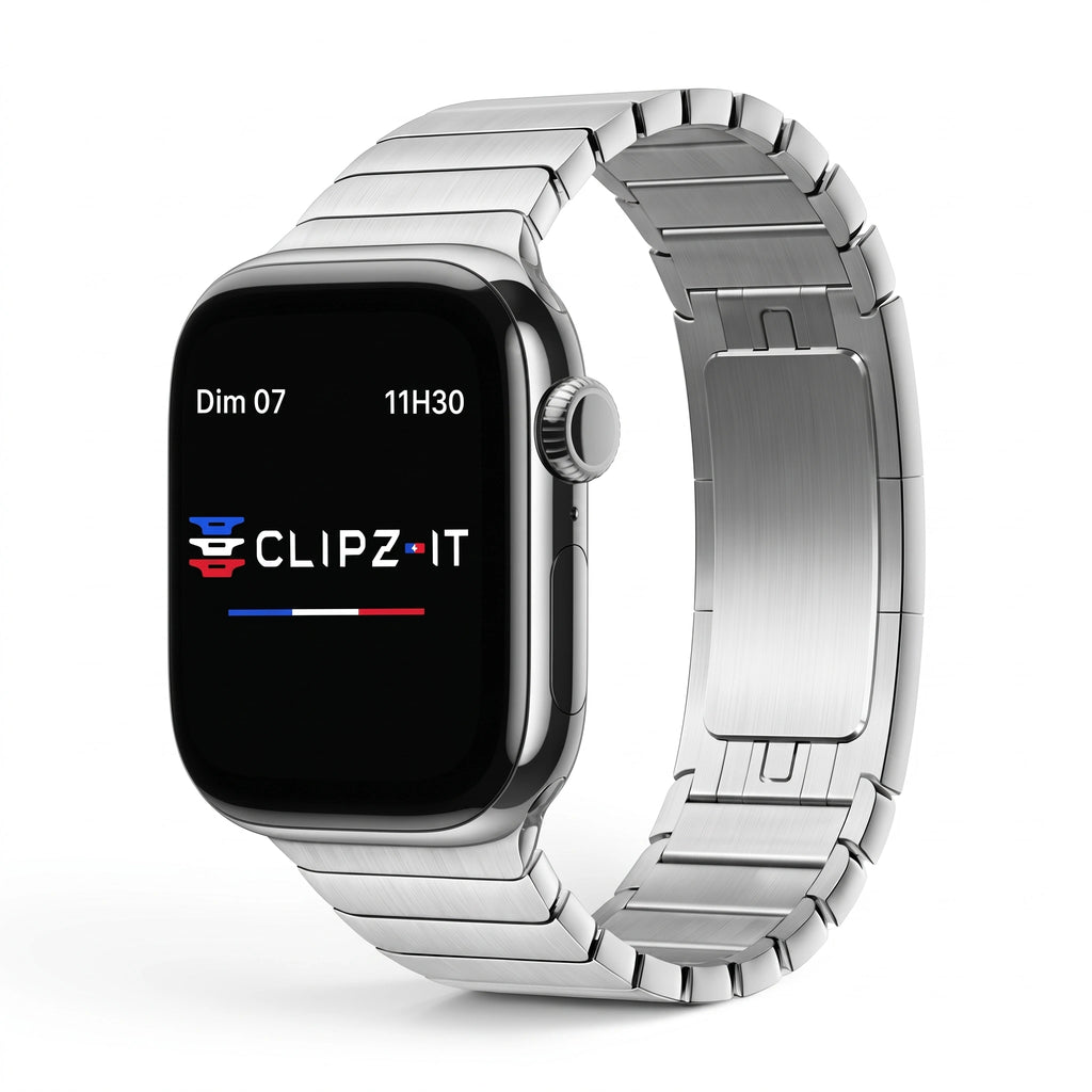 Clipz It Modula stainless steel link bracelet for Apple Watch with brushed and polished finish and butterfly clasp