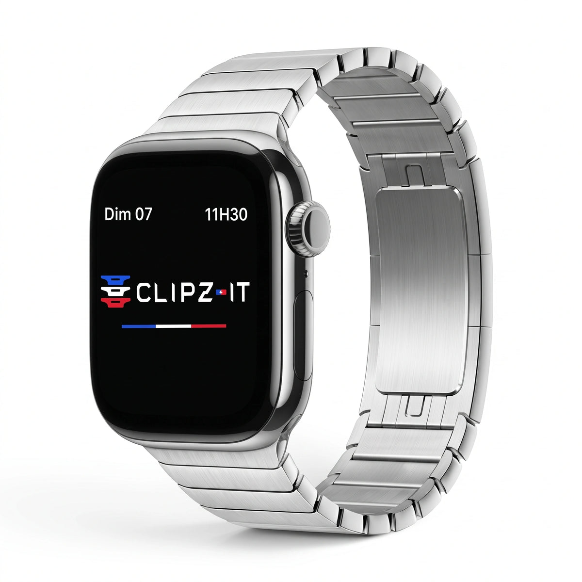 Clipz It Modula stainless steel link bracelet for Apple Watch with brushed and polished finish and butterfly clasp