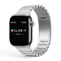 Clipz It Modula stainless steel link bracelet for Apple Watch with brushed and polished finish and butterfly clasp