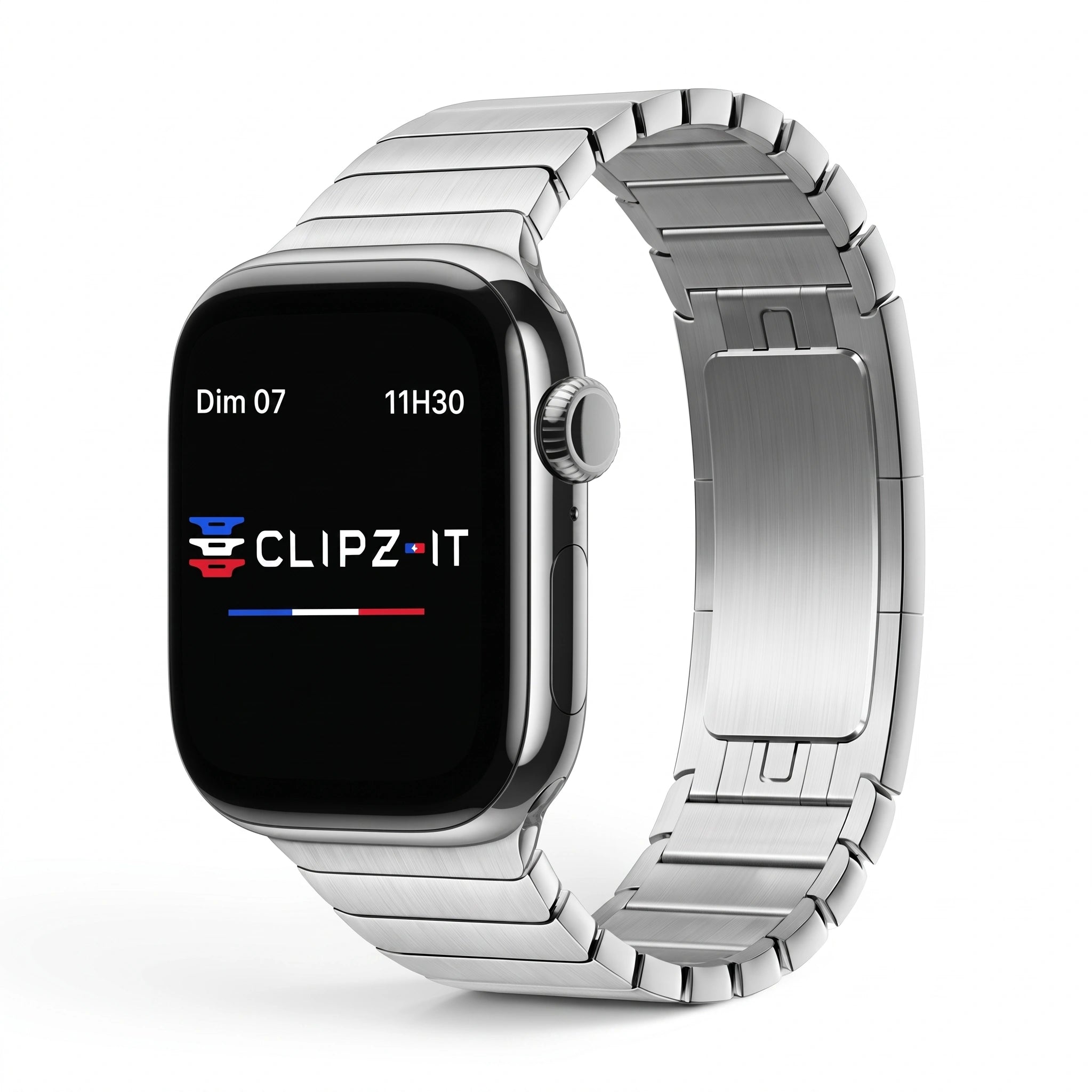 Clipz It Modula stainless steel link bracelet for Apple Watch with brushed and polished finish and butterfly clasp