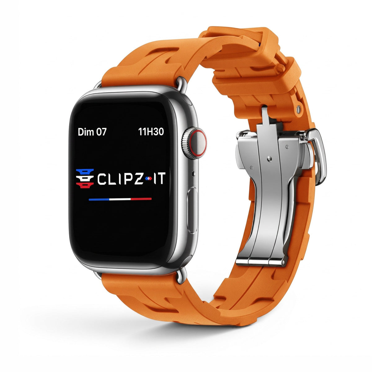 Clipz It orange silicone Apple Watch strap with a premium stainless steel butterfly clasp and soft-touch finish