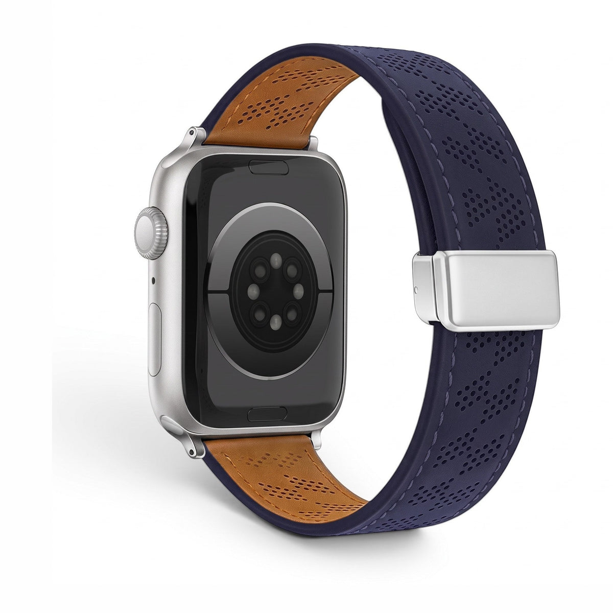 Clipz It perforated navy blue leather Apple Watch band with tan interior lining and magnetic clasp.