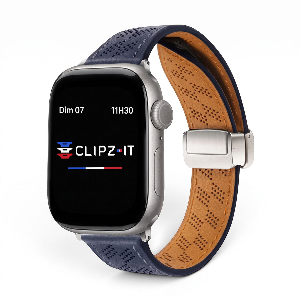 Clipz It Perforé blue leather Apple Watch strap with tan interior, magnetic clasp, and racing-inspired perforations.