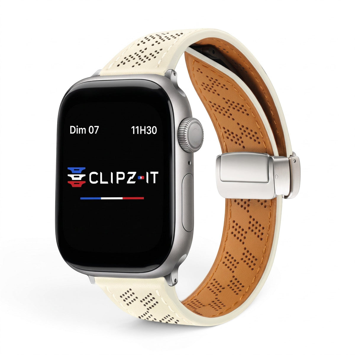 Clipz It Perforé white leather Apple Watch strap with tan interior and magnetic clasp, racing-inspired design.